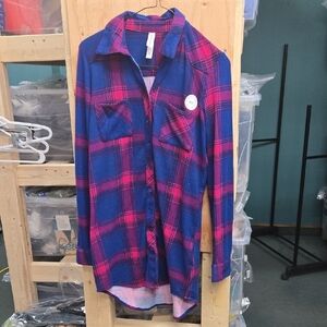 Warehouse One Size XS Blue and Pink Plaid Brushed Fleece Button Down Shirt